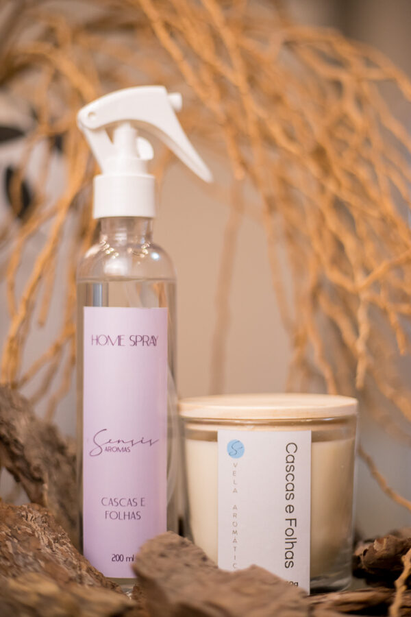 Kit vela pavio algodão e Home spray linha clássica CASCAS E FOLHAS